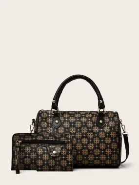 3pcs Geometric Print Boston Bag Set