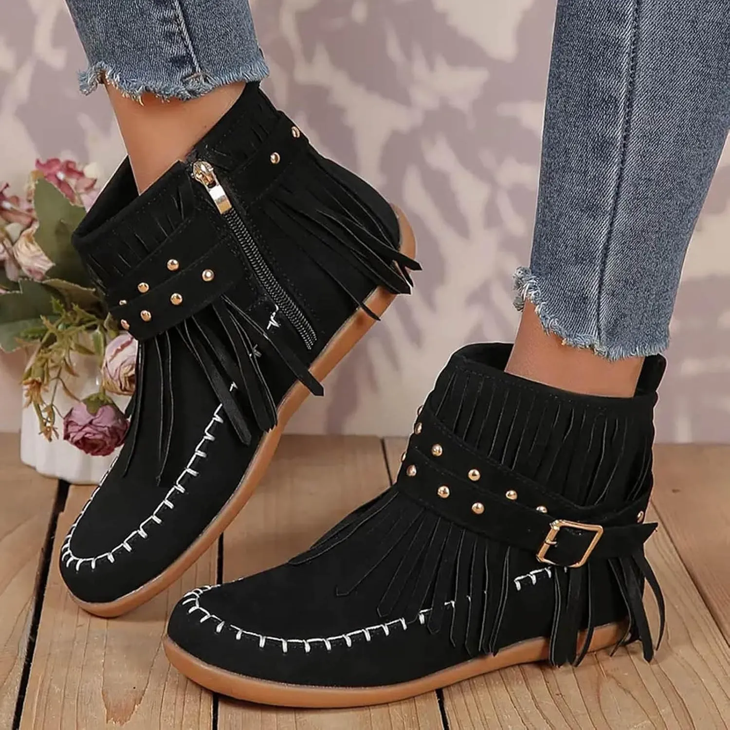 Ankle Boots for Women Low Heel Women's Cowboy Boots Fringe Faux Suede Boots Retro Round Toe Zipper Knight Booties
