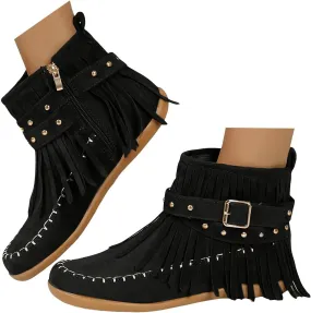 Ankle Boots for Women Low Heel Women's Cowboy Boots Fringe Faux Suede Boots Retro Round Toe Zipper Knight Booties