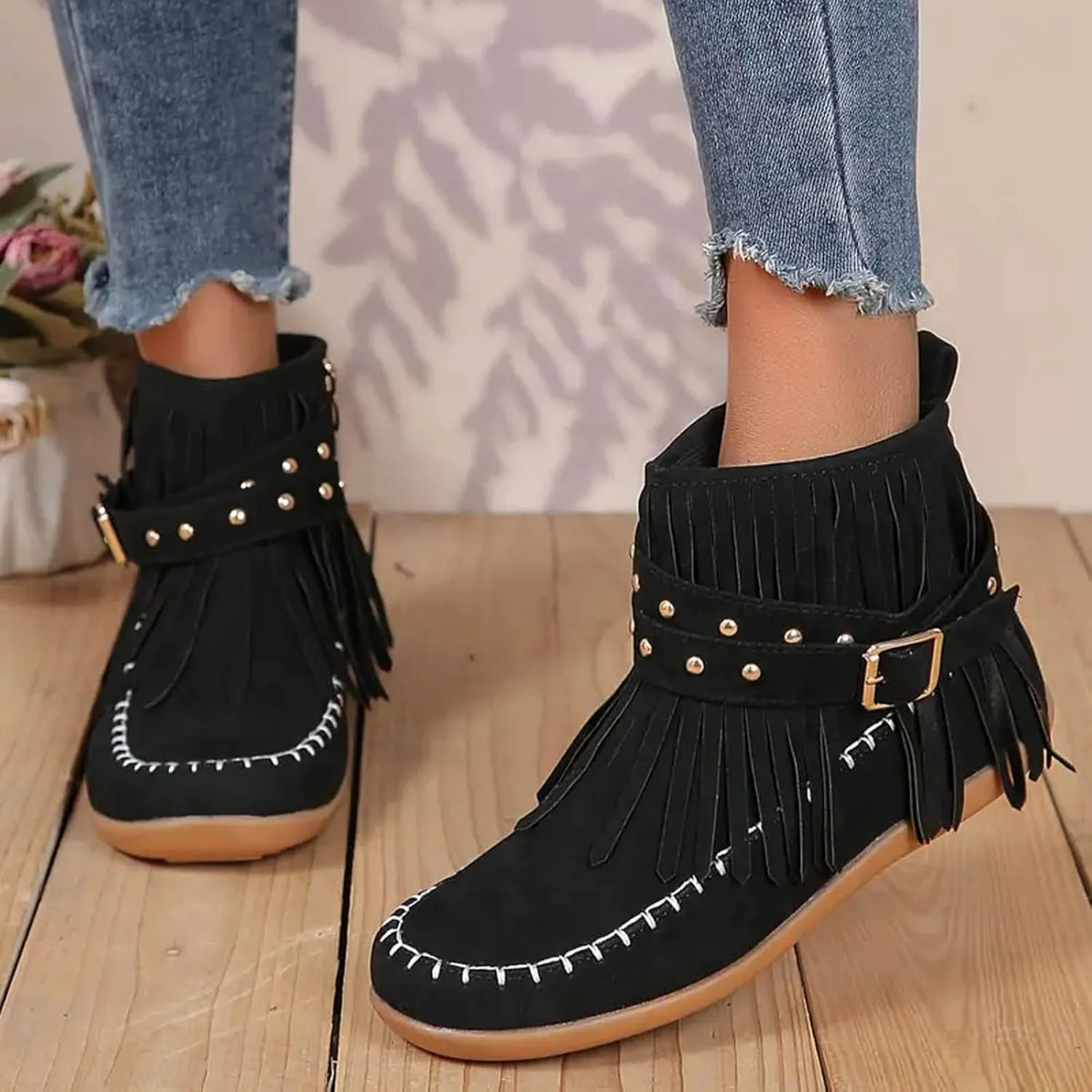 Ankle Boots for Women Low Heel Women's Cowboy Boots Fringe Faux Suede Boots Retro Round Toe Zipper Knight Booties