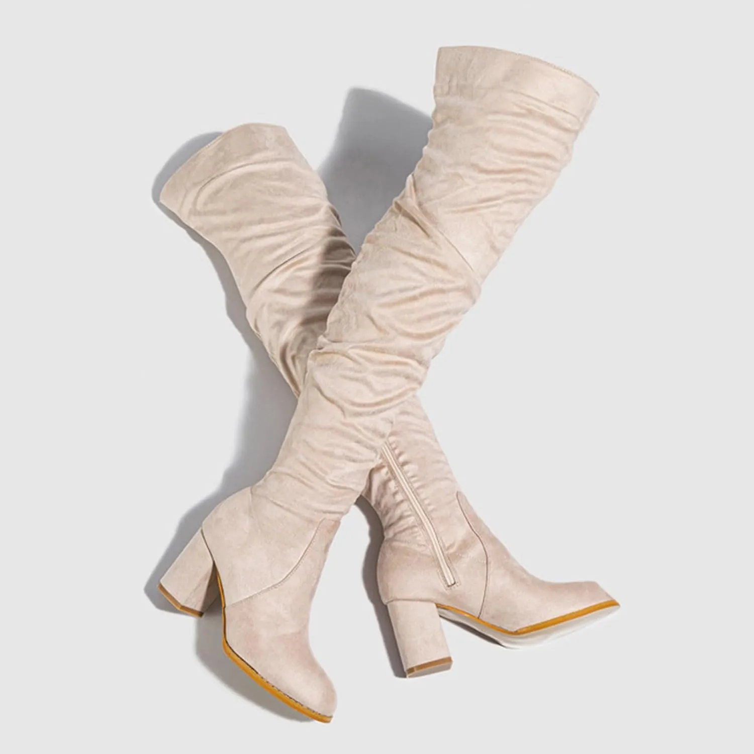 Ankle Boots For Women Square Heel Over Knee Boots Suede Zipper Thigh High Boots Chunky Heeled Tall Long Boots