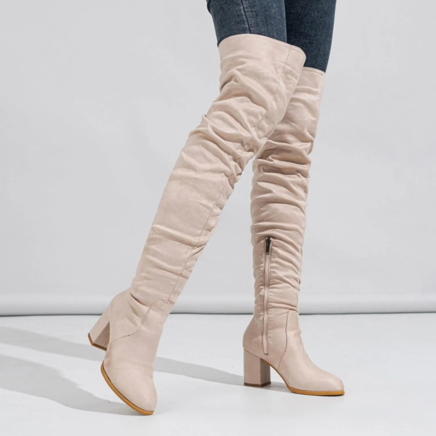 Ankle Boots For Women Square Heel Over Knee Boots Suede Zipper Thigh High Boots Chunky Heeled Tall Long Boots
