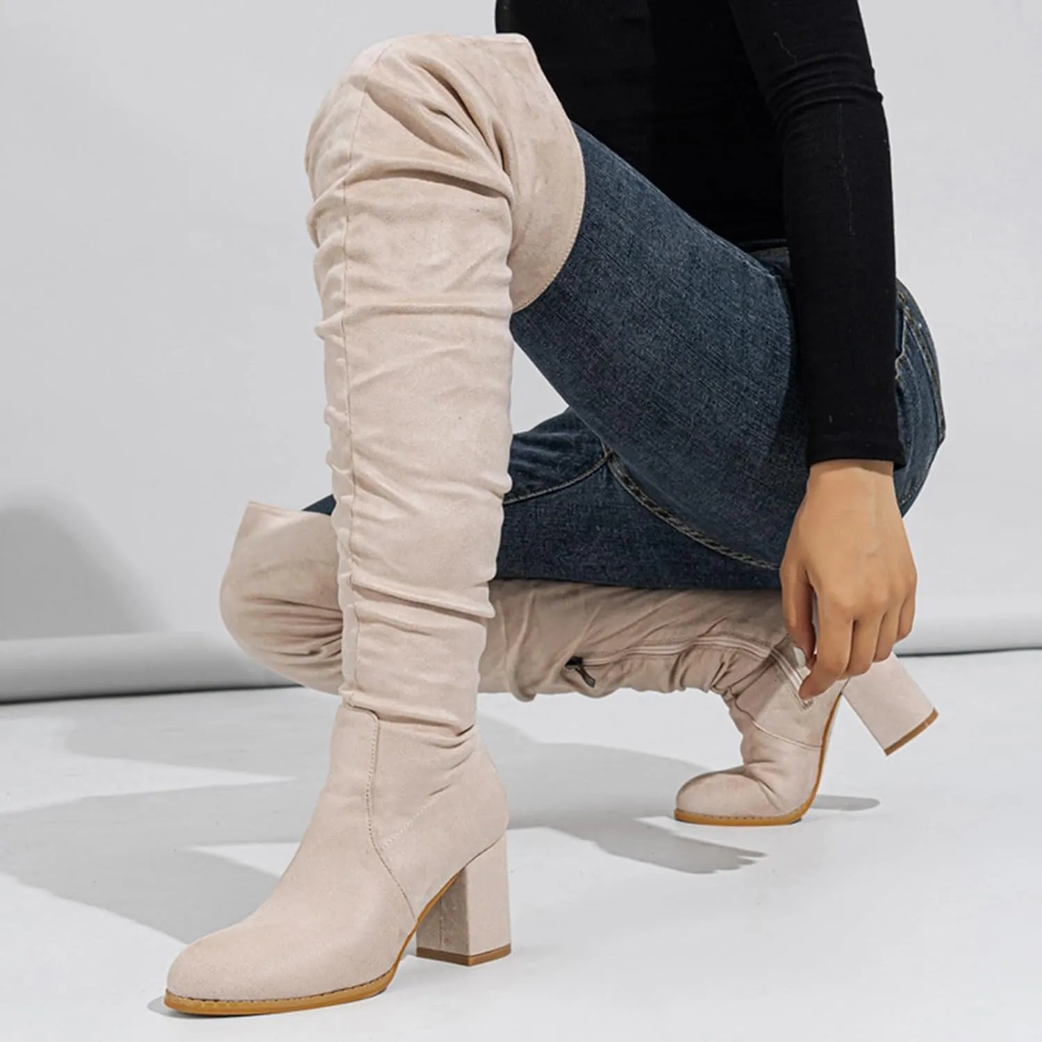 Ankle Boots For Women Square Heel Over Knee Boots Suede Zipper Thigh High Boots Chunky Heeled Tall Long Boots