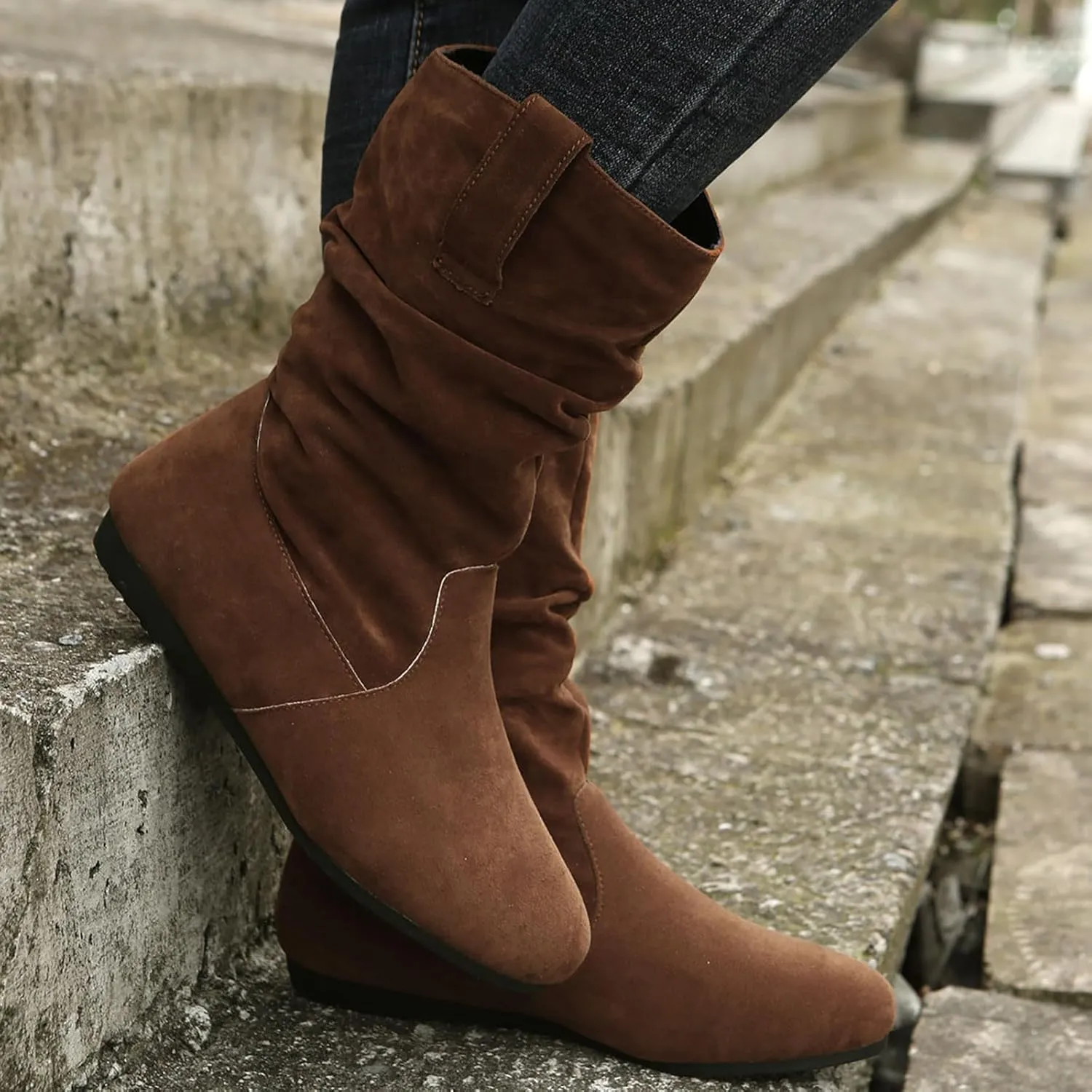 Ankle Boots For Women Suede Flats Mid Calf Boots Pleated Thigh High Boots Pull On Winter Winter Warm Bootie