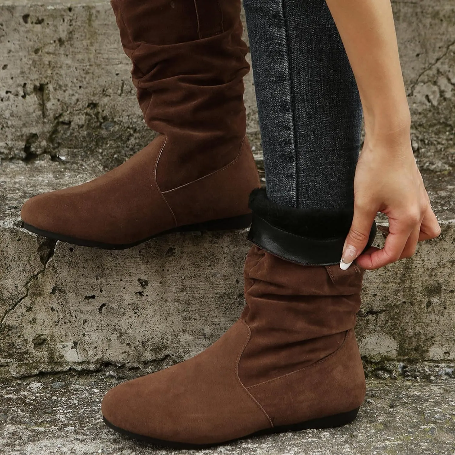 Ankle Boots For Women Suede Flats Mid Calf Boots Pleated Thigh High Boots Pull On Winter Winter Warm Bootie