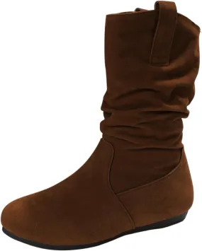 Ankle Boots For Women Suede Flats Mid Calf Boots Pleated Thigh High Boots Pull On Winter Winter Warm Bootie
