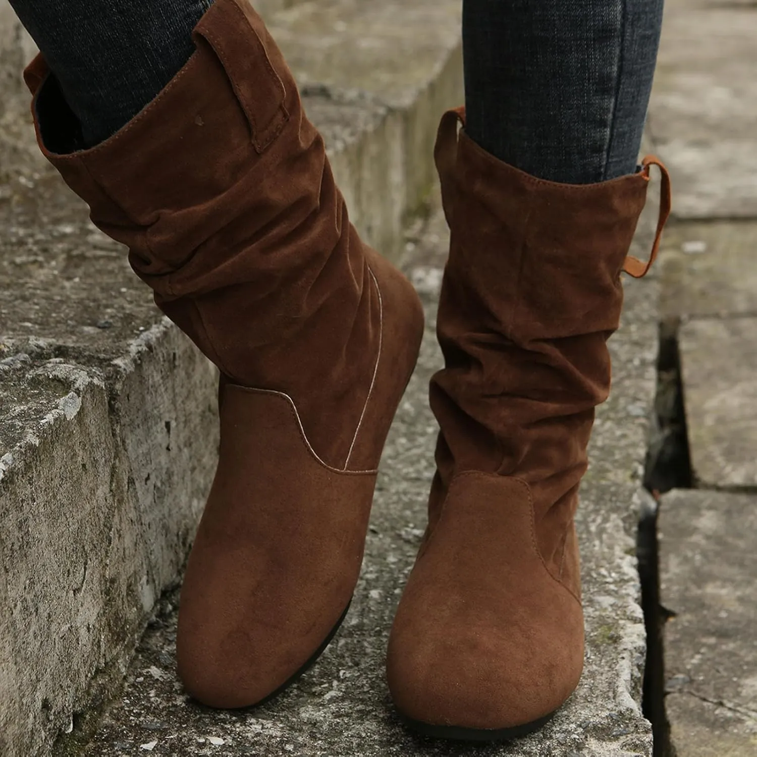 Ankle Boots For Women Suede Flats Mid Calf Boots Pleated Thigh High Boots Pull On Winter Winter Warm Bootie