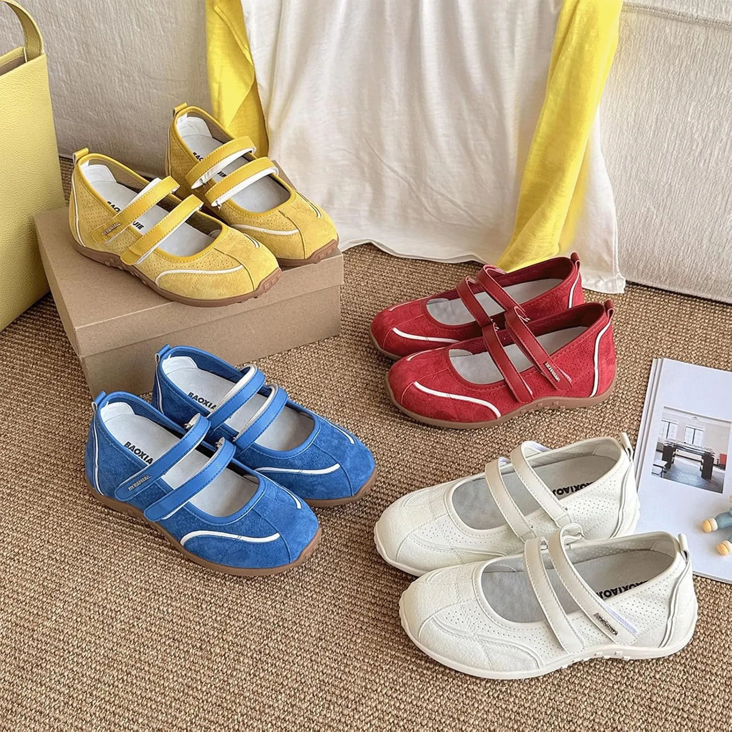 Ballet Sneakers for Woman Leather Trendy Hook and Loop Mary Janes Breathable Wide Box Ballerina Flats Fancy Retro Soft Ballet Shoes 2025 Spring Summer Daily Casual Wear