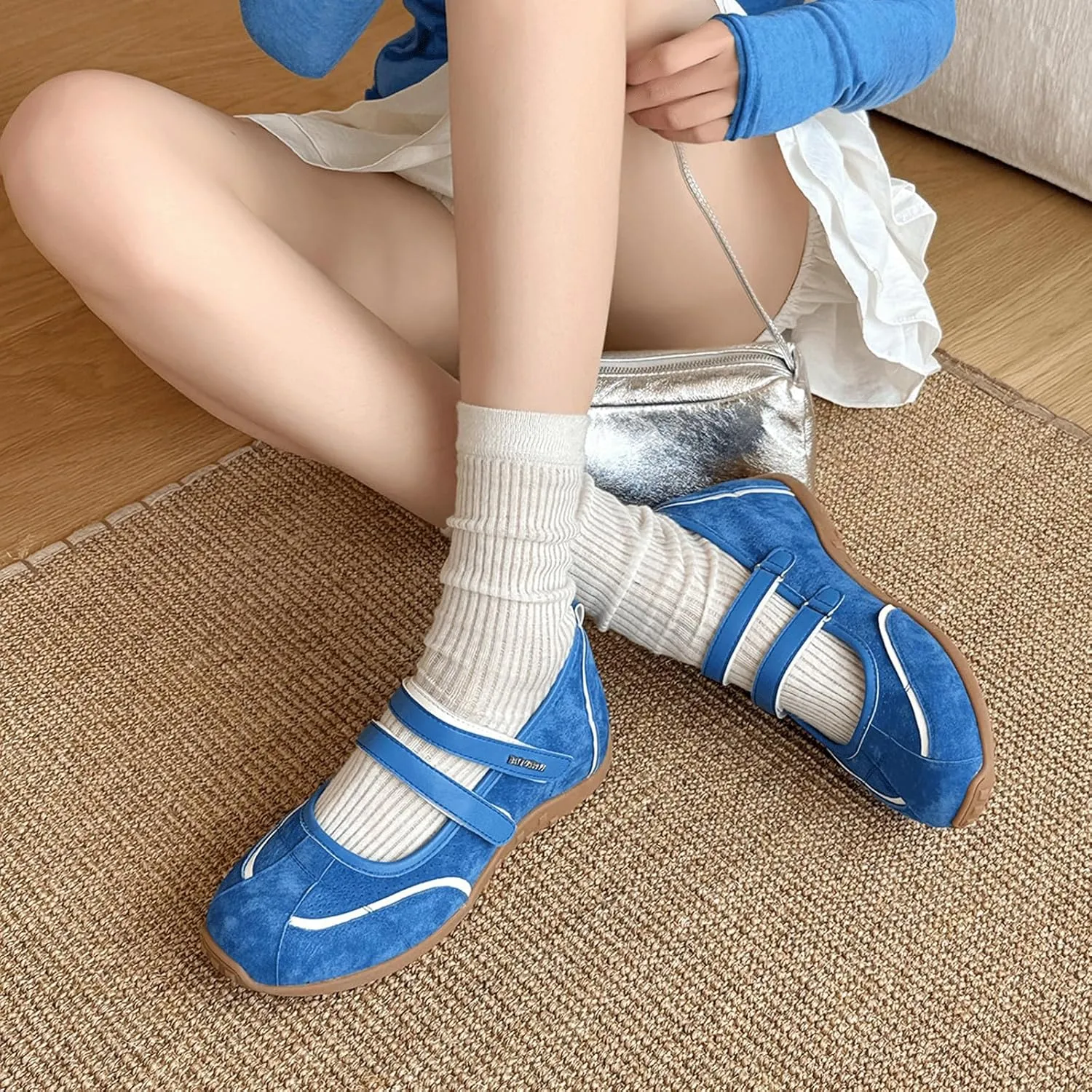 Ballet Sneakers for Woman Leather Trendy Hook and Loop Mary Janes Breathable Wide Box Ballerina Flats Fancy Retro Soft Ballet Shoes 2025 Spring Summer Daily Casual Wear