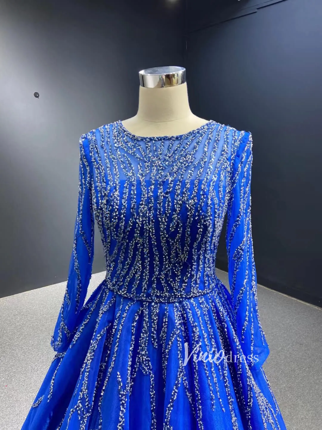 Beaded Baby Blue A-line Prom Dresses with Sleeves 67395 viniodress