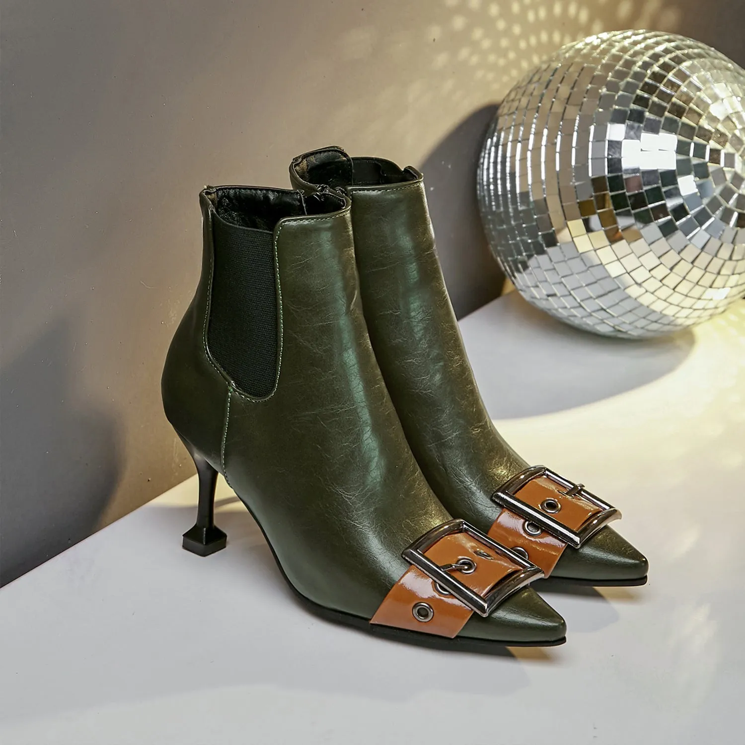 Bigsizeheels Sexy ankle boots with pointed belt buckles - Green
