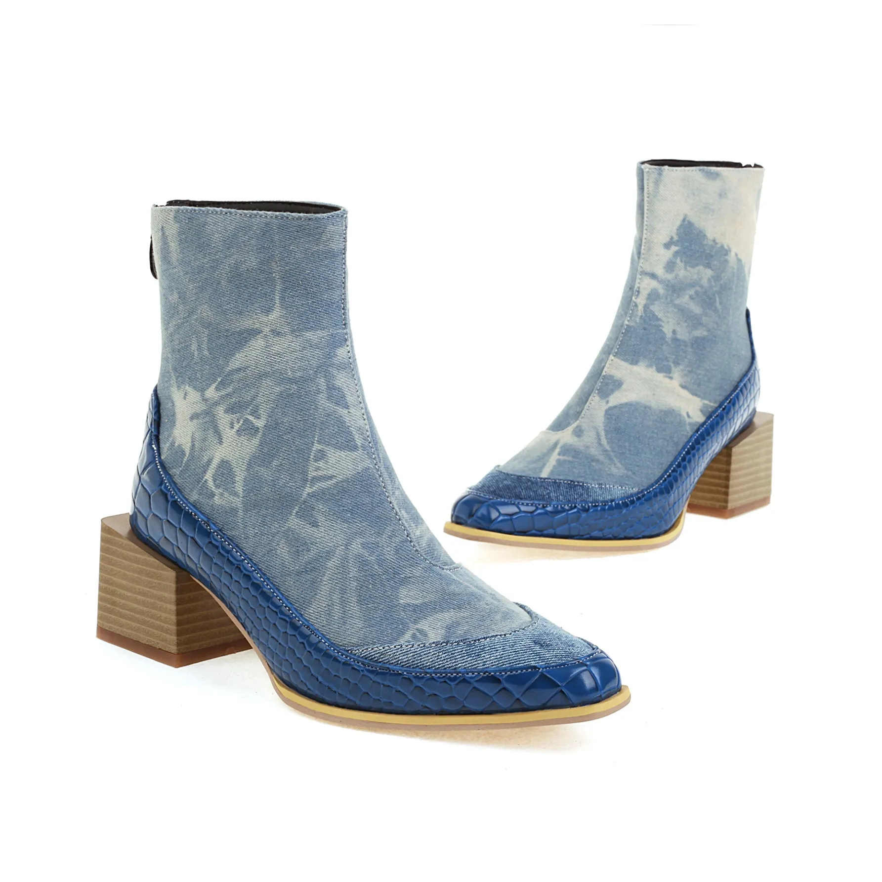Bigsizeheels Square toe SIen back zipper ankle boots - Blue