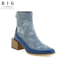Bigsizeheels Square toe SIen back zipper ankle boots - Blue
