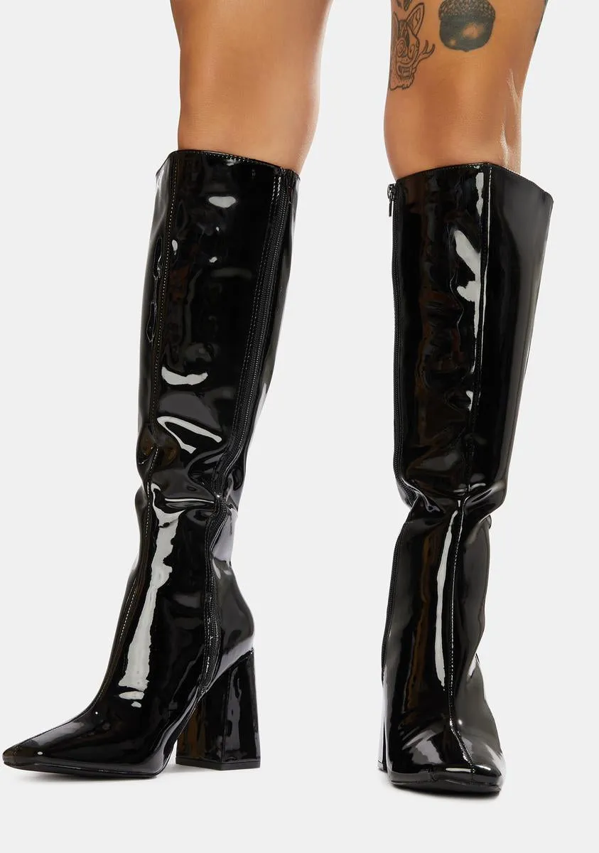 Black Apology Patent Knee High Boots