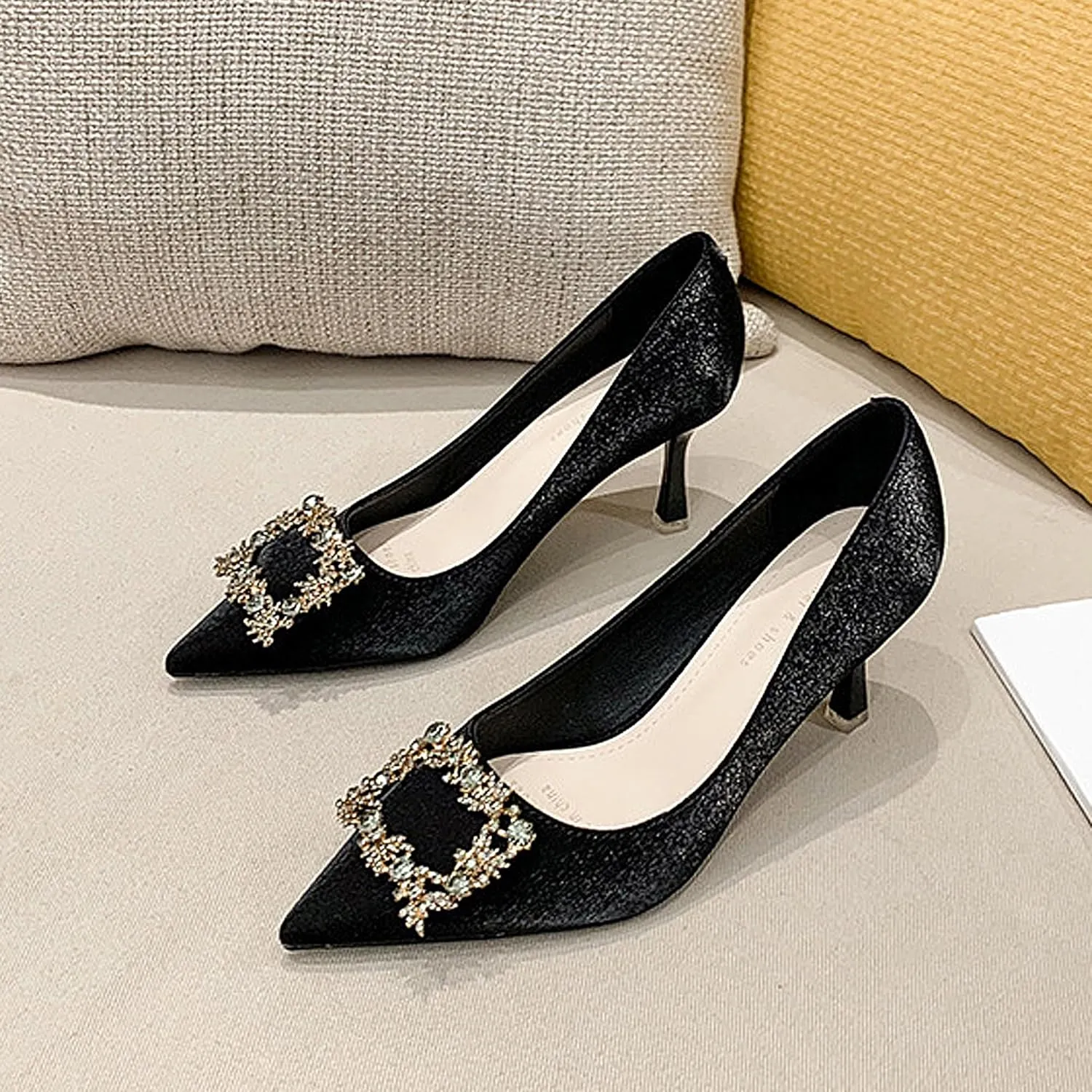 Closed Toe High Heels Rhinestone Pumps Stiletto Sparkly Pointed Wedding Bridal Dress Shoes Banquet Rhinestones Square Buckle Red