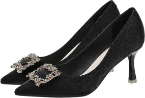 Closed Toe High Heels Rhinestone Pumps Stiletto Sparkly Pointed Wedding Bridal Dress Shoes Banquet Rhinestones Square Buckle Red