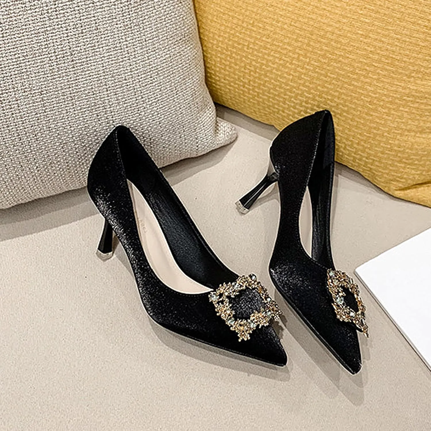 Closed Toe High Heels Rhinestone Pumps Stiletto Sparkly Pointed Wedding Bridal Dress Shoes Banquet Rhinestones Square Buckle Red