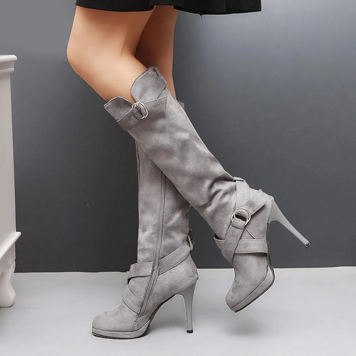 Combat Boots Womens High Heel Knee High Boots Side Zipper Suede Pointed Thigh High Boots Tall Long Boots