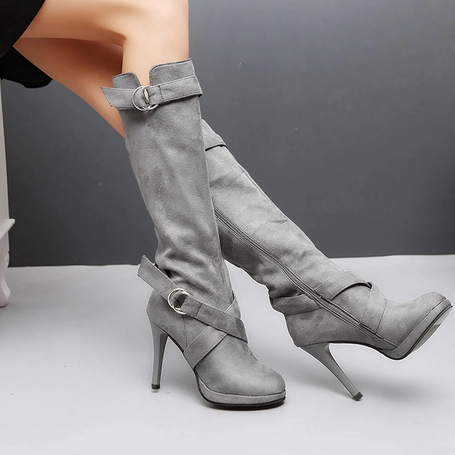 Combat Boots Womens High Heel Knee High Boots Side Zipper Suede Pointed Thigh High Boots Tall Long Boots