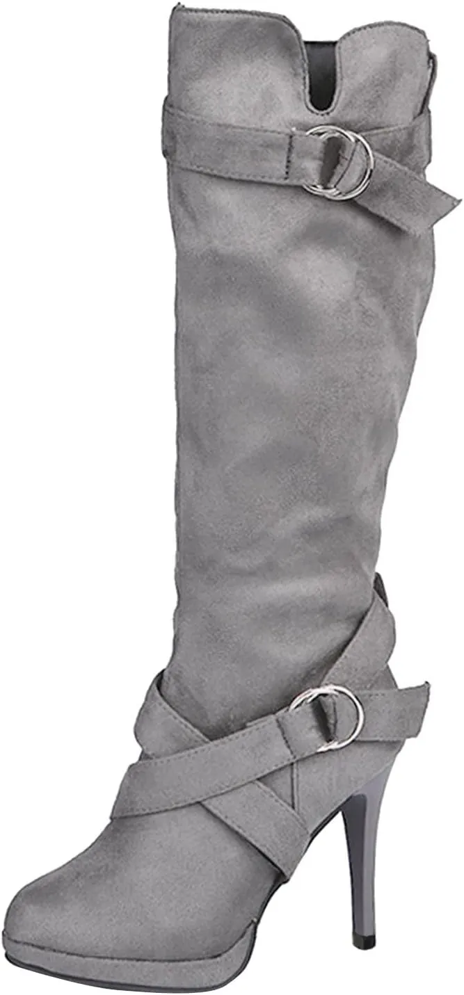 Combat Boots Womens High Heel Knee High Boots Side Zipper Suede Pointed Thigh High Boots Tall Long Boots