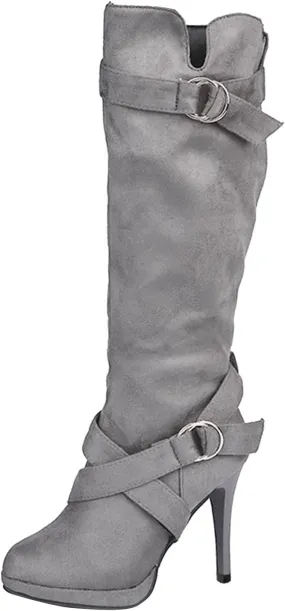 Combat Boots Womens High Heel Knee High Boots Side Zipper Suede Pointed Thigh High Boots Tall Long Boots
