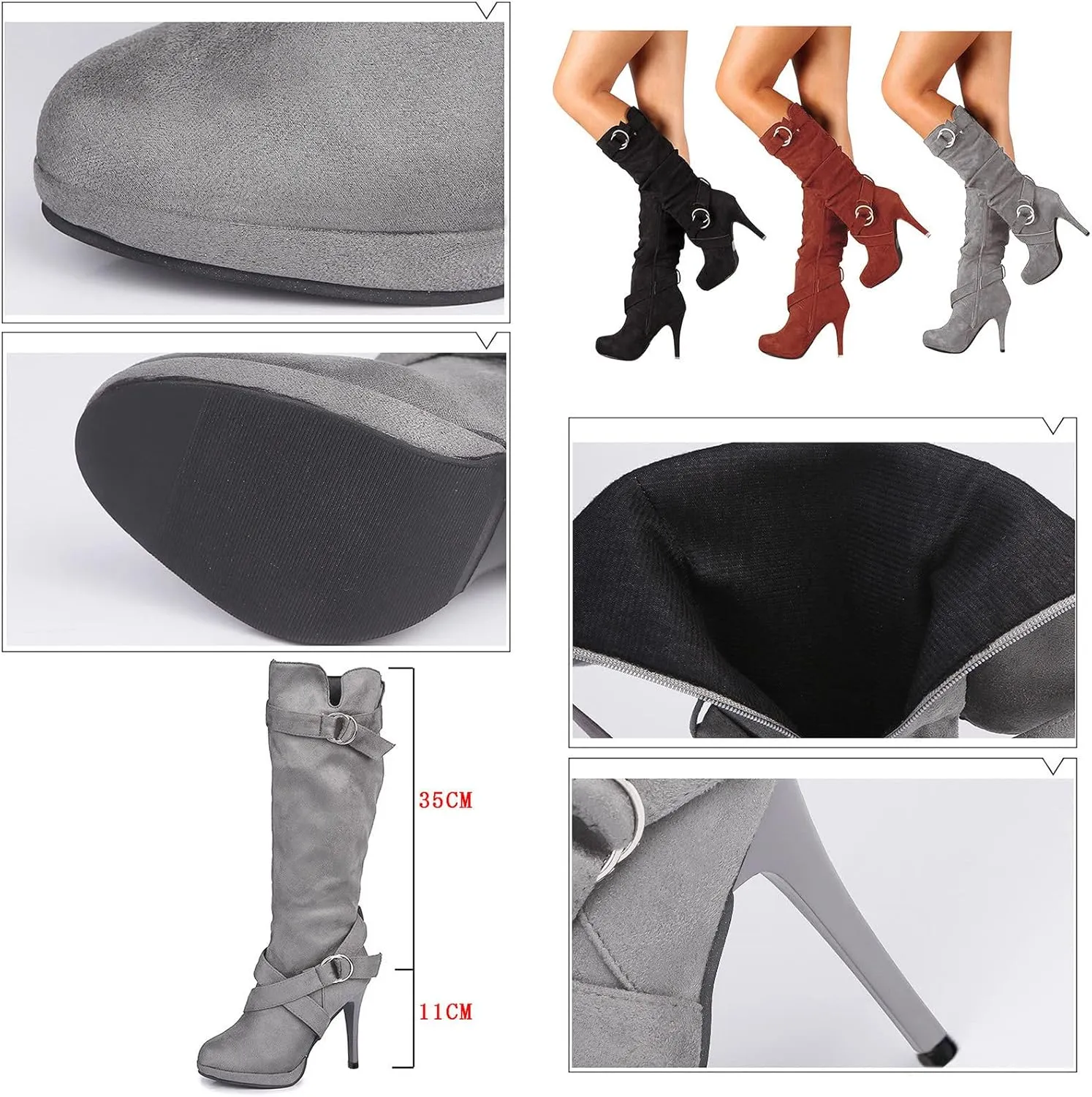 Combat Boots Womens High Heel Knee High Boots Side Zipper Suede Pointed Thigh High Boots Tall Long Boots