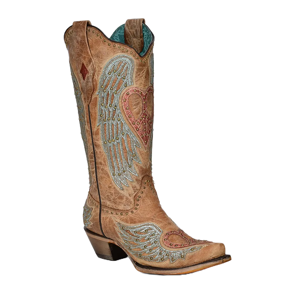 Corral Ladies Studded Heart & Wings Overlay Sand Western Boots A4235