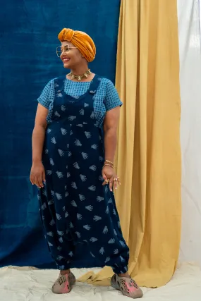 Drop Crotch Overalls - Hands Print on Indigo