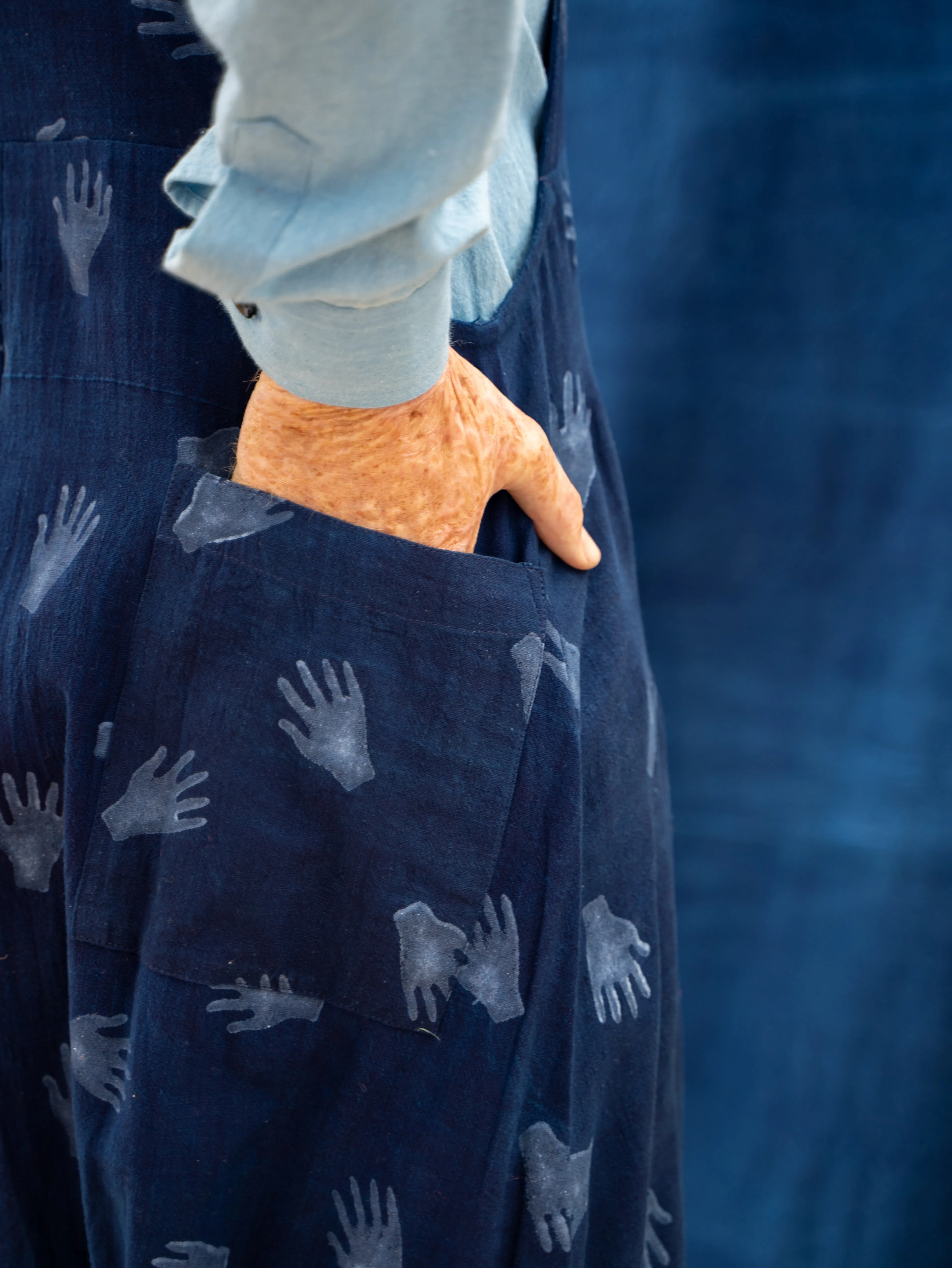 Drop Crotch Overalls - Hands Print on Indigo