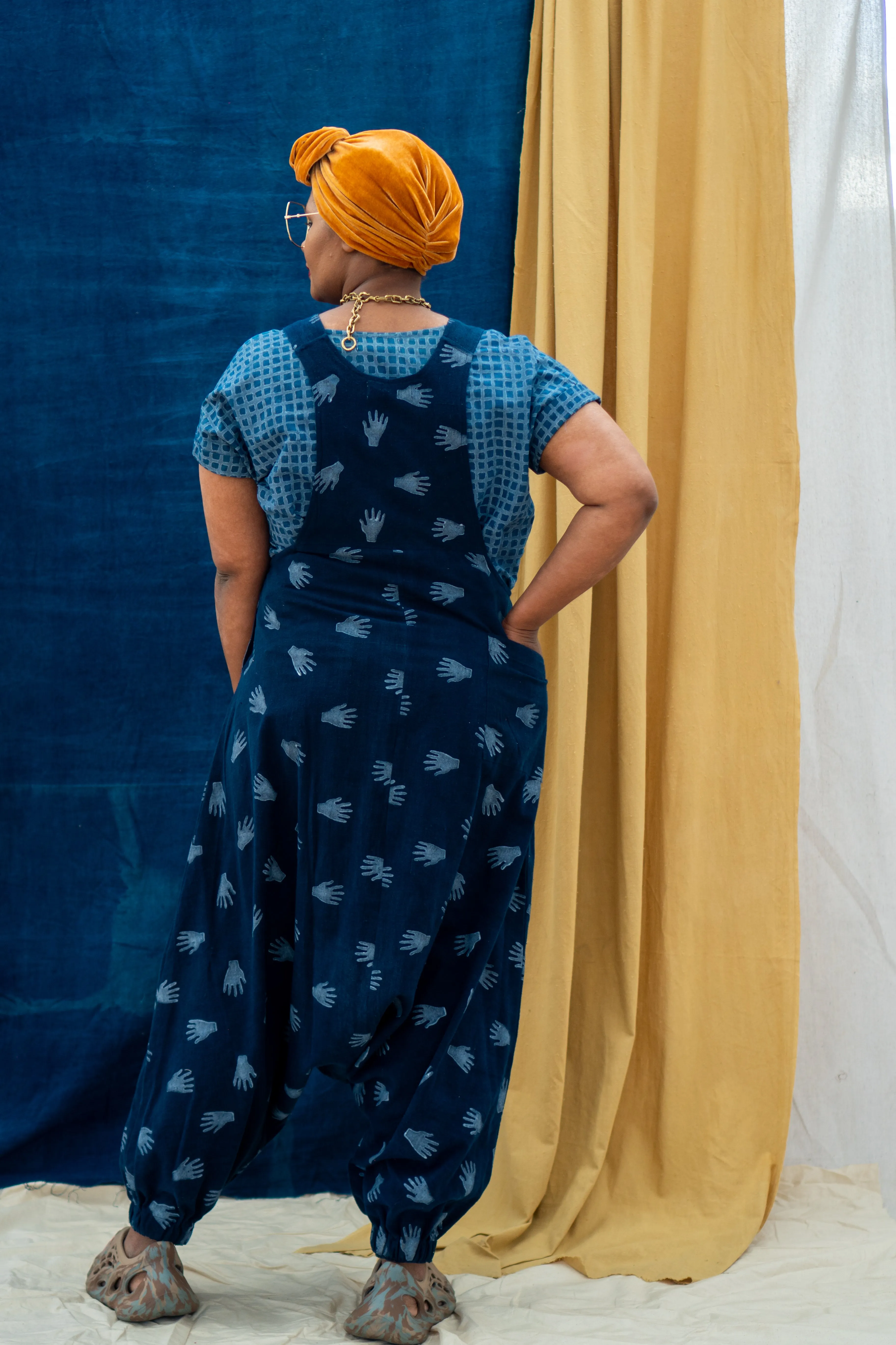 Drop Crotch Overalls - Hands Print on Indigo