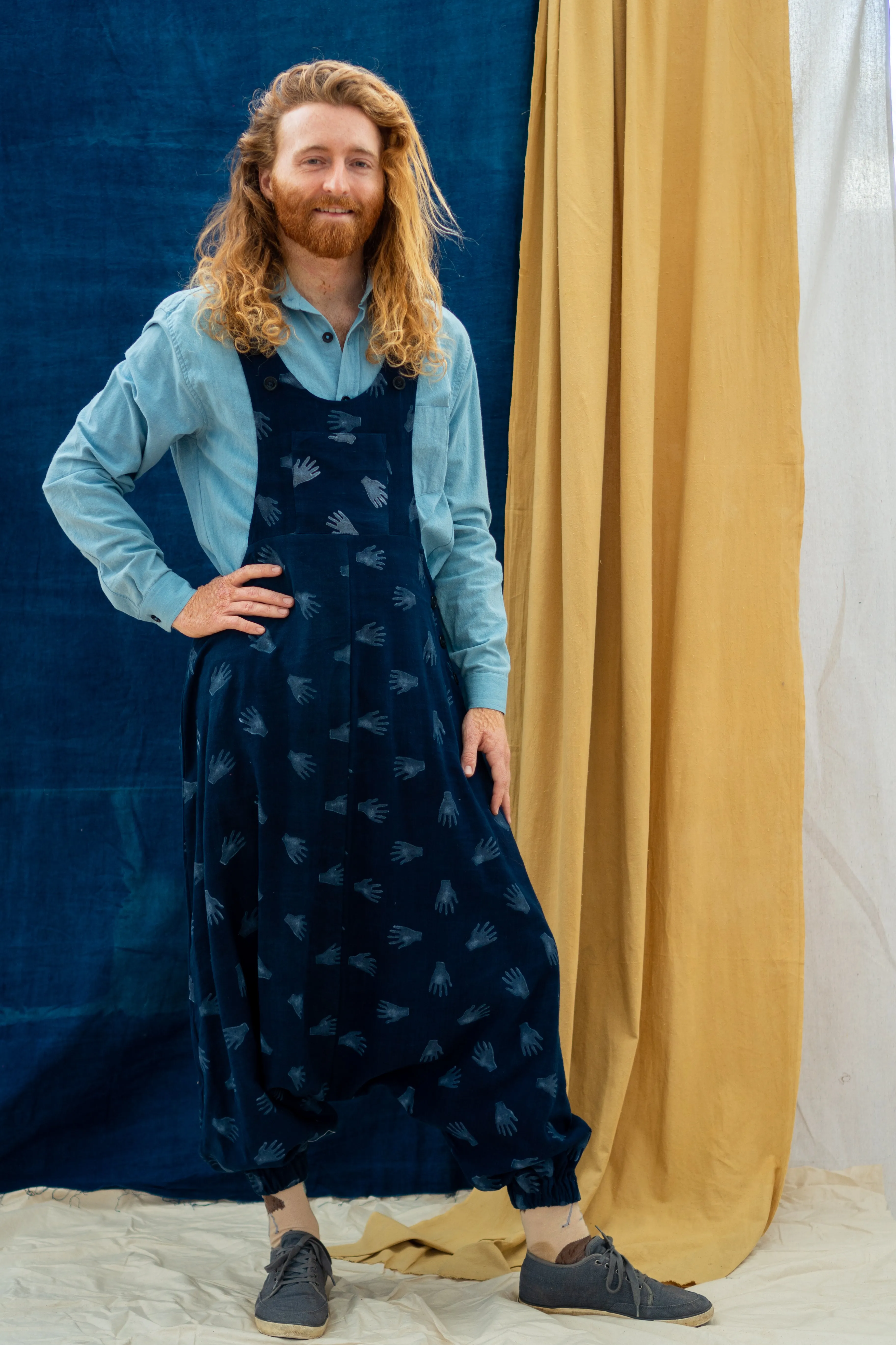 Drop Crotch Overalls - Hands Print on Indigo