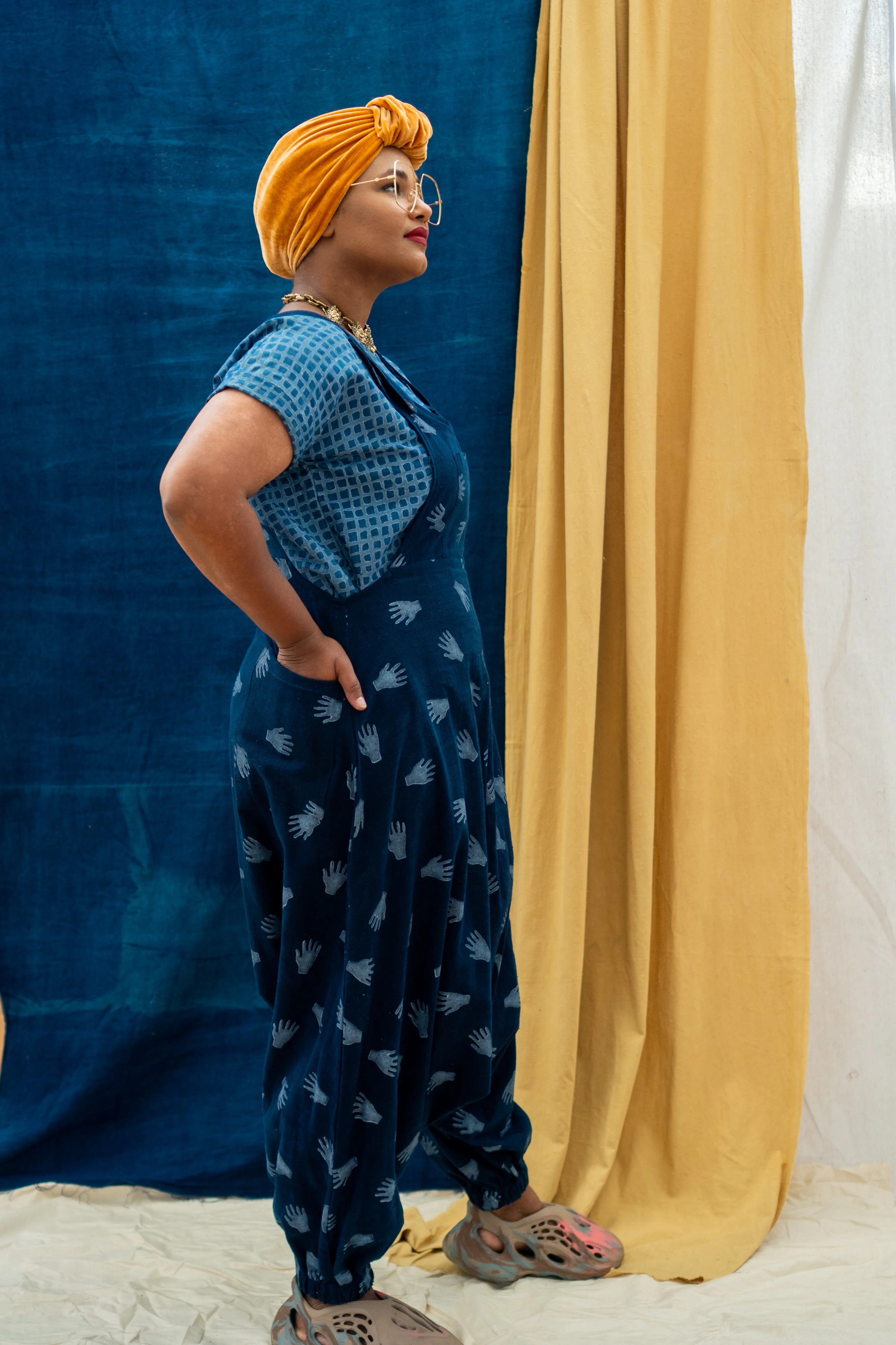 Drop Crotch Overalls - Hands Print on Indigo