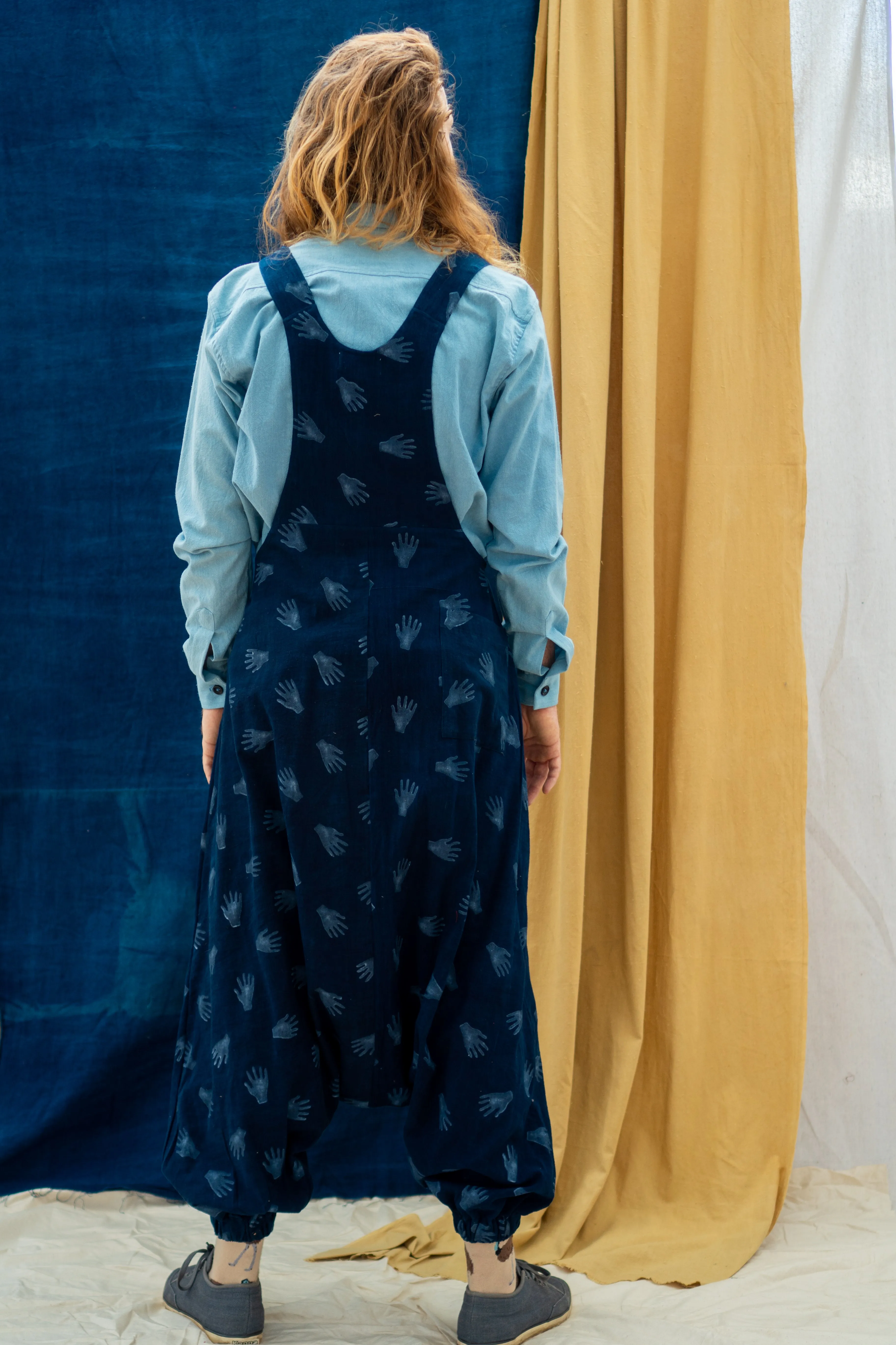 Drop Crotch Overalls - Hands Print on Indigo