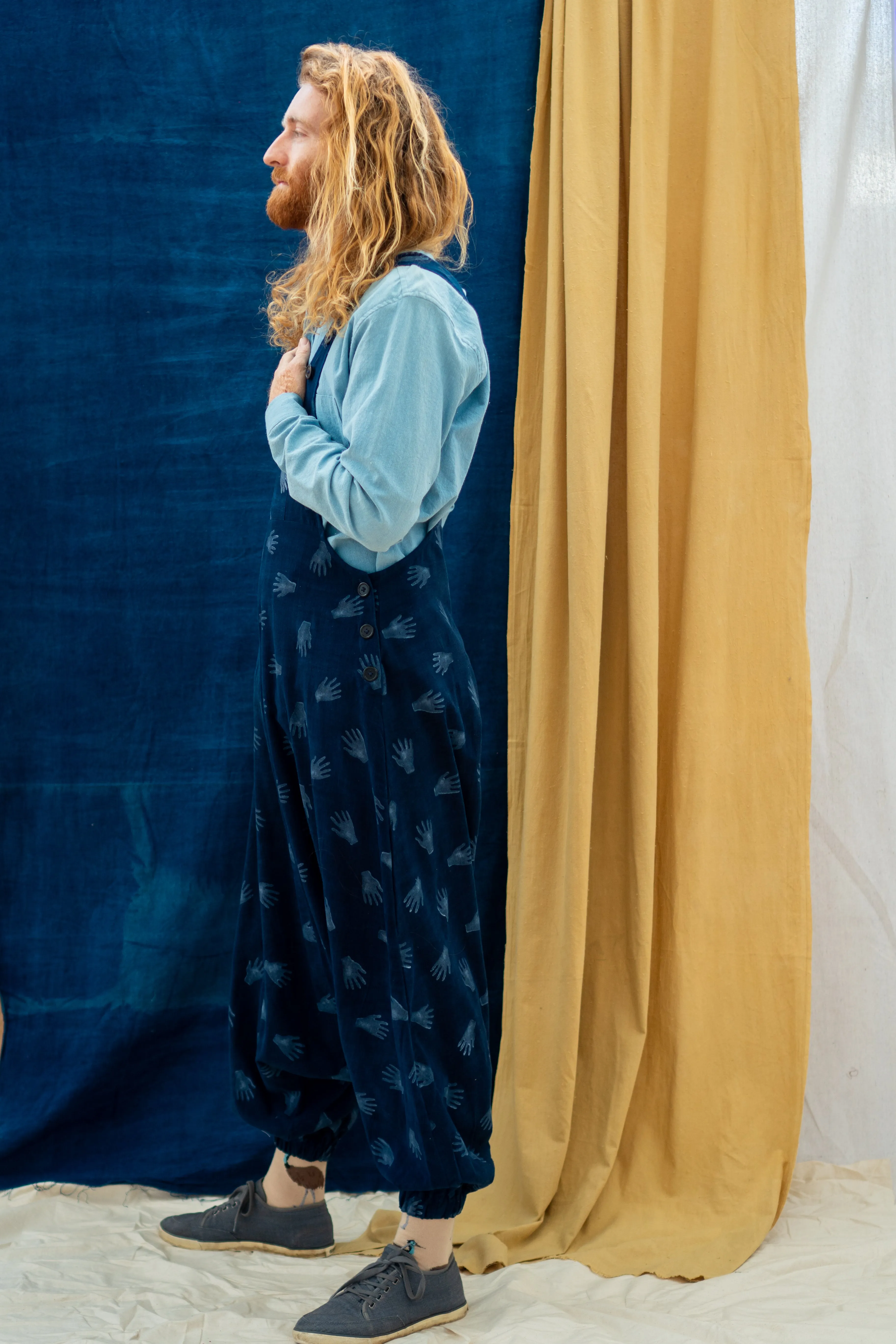Drop Crotch Overalls - Hands Print on Indigo