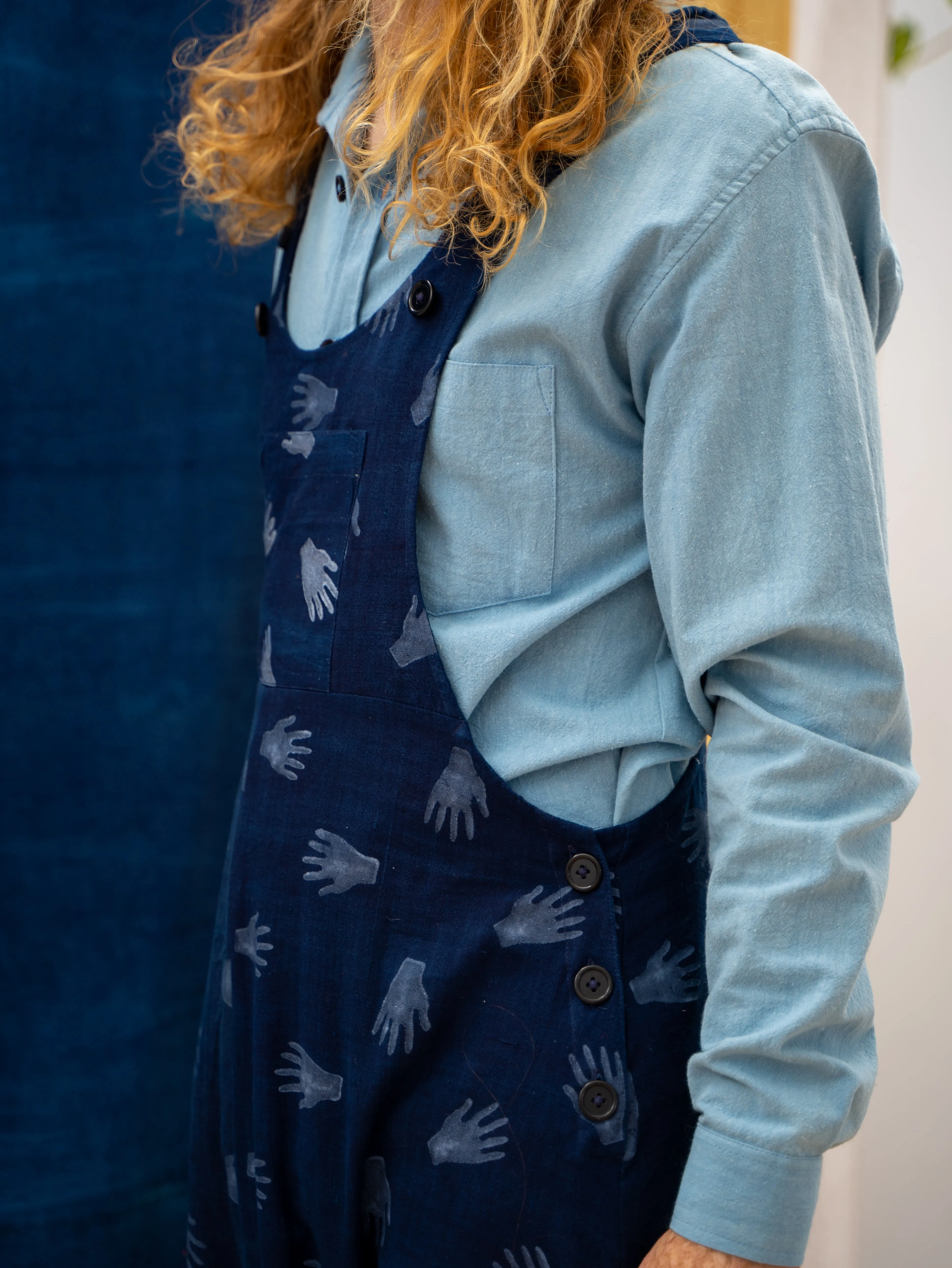 Drop Crotch Overalls - Hands Print on Indigo