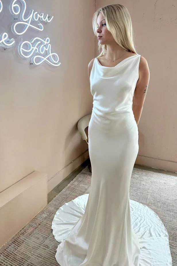 Elegant Mermaid Cowl Neck Sleeveless Wedding Dresses N070