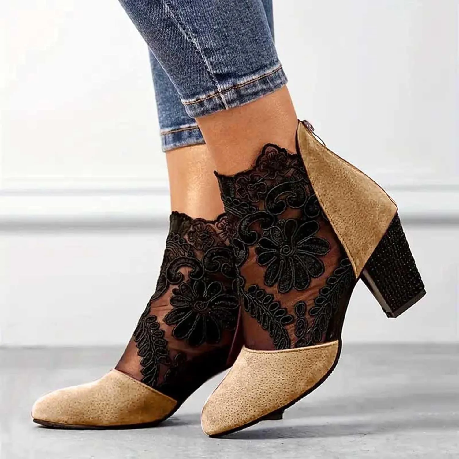 Fall Boots Womens Chunky Mid Heel Dress Boots Pretty Lace Flowers Ankle Boots Zipper Dressy Booties for Women