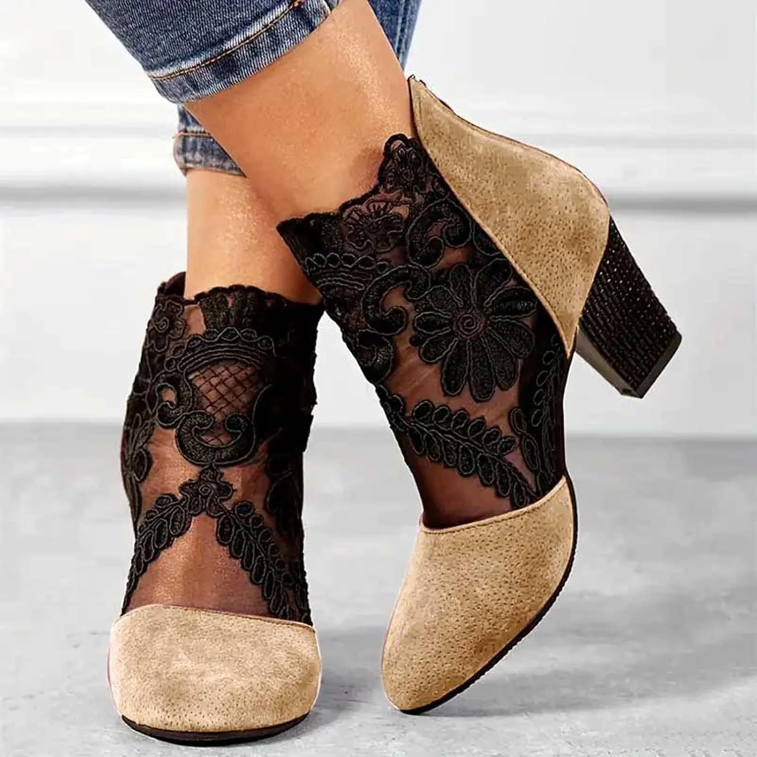 Fall Boots Womens Chunky Mid Heel Dress Boots Pretty Lace Flowers Ankle Boots Zipper Dressy Booties for Women
