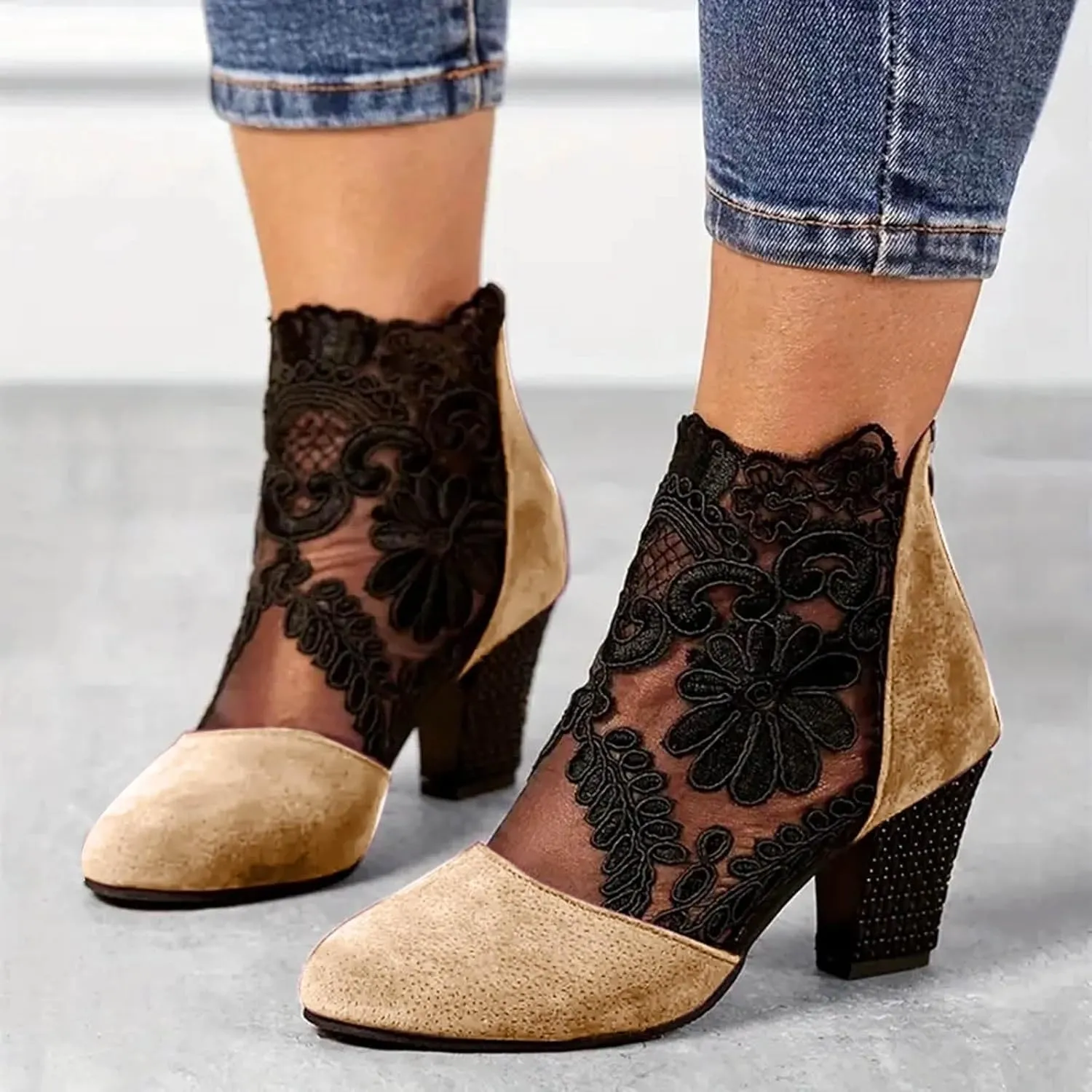 Fall Boots Womens Chunky Mid Heel Dress Boots Pretty Lace Flowers Ankle Boots Zipper Dressy Booties for Women