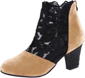 Fall Boots Womens Chunky Mid Heel Dress Boots Pretty Lace Flowers Ankle Boots Zipper Dressy Booties for Women