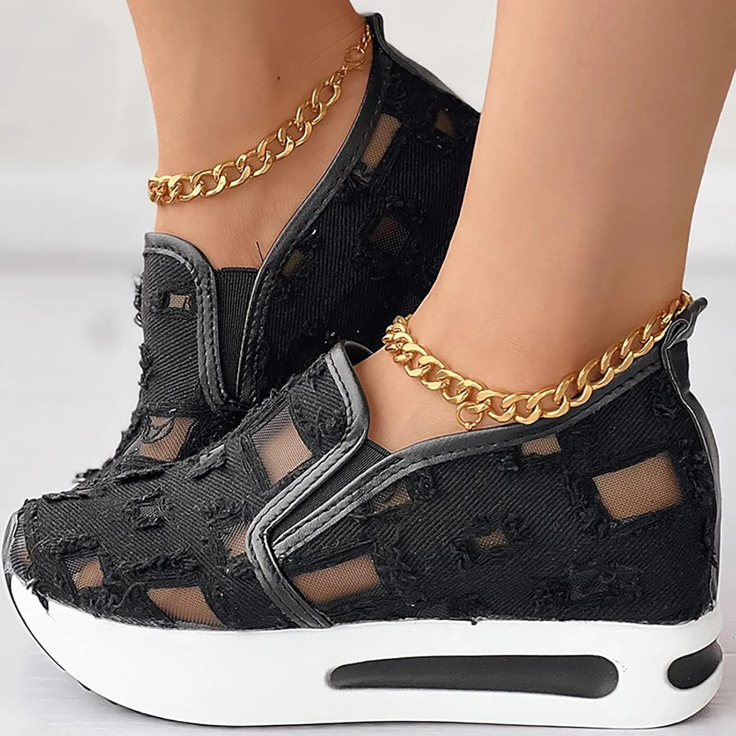 Fashion Sneakers for Women 2025,Floral Embroidery Breathable Sheer Mesh Sneakers Floral Comfort Chunky Sole Hidden High Heels Slip On Loafers Walking Work Wedding Bridal Bling Tennis Shoes