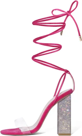 GENSHUO Sexy Strappy Rhinestone Chunky Sandals for Women Lace-up High Heels Transparent Open Toe Party Wedding Homecoming Shoes