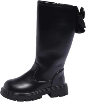 Girl's Knee High Winter Boots Bowknot Warm Faux Fur Lined Snow Boots Low Heels Lug Sole Riding Boot with Side Zipper