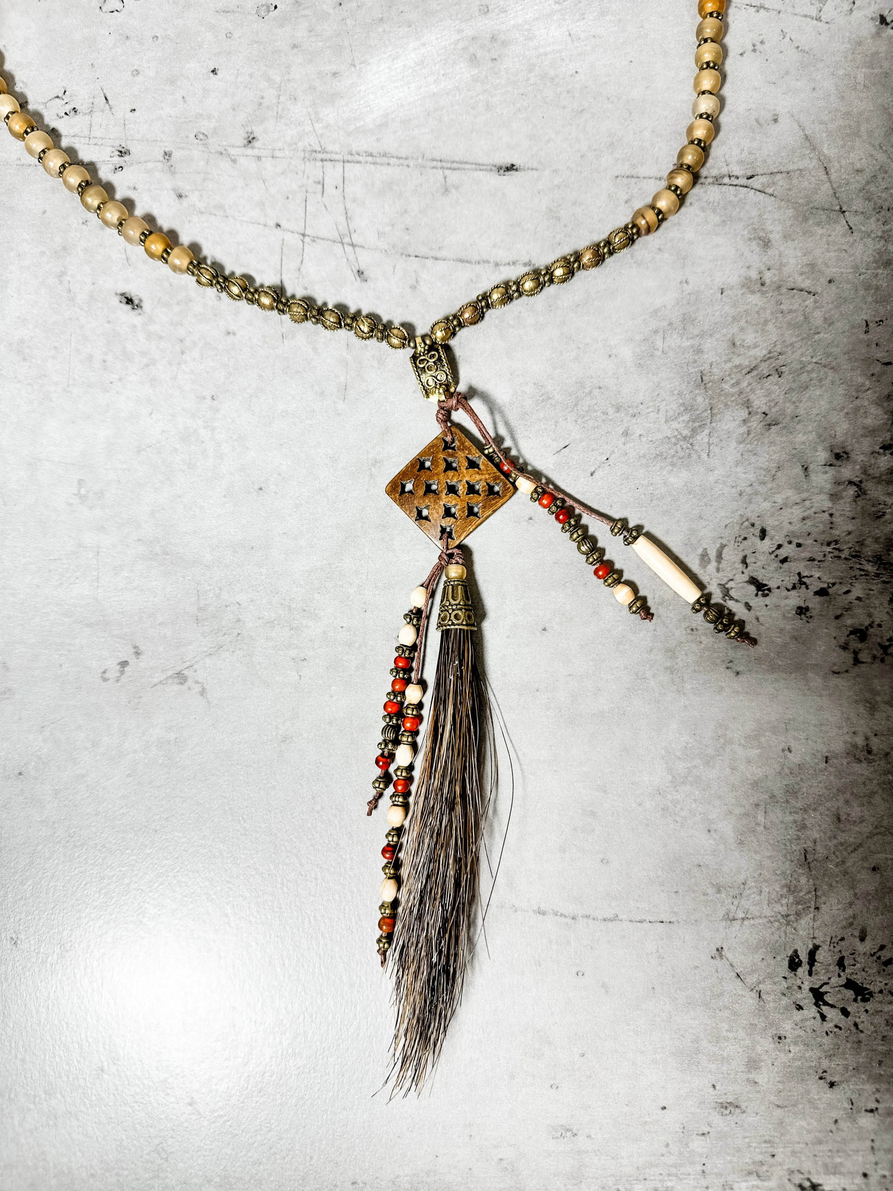 Horn and Indian Bead with Horsehair Tassel Necklace - Amy Kaplan for Bourbon Cowgirl