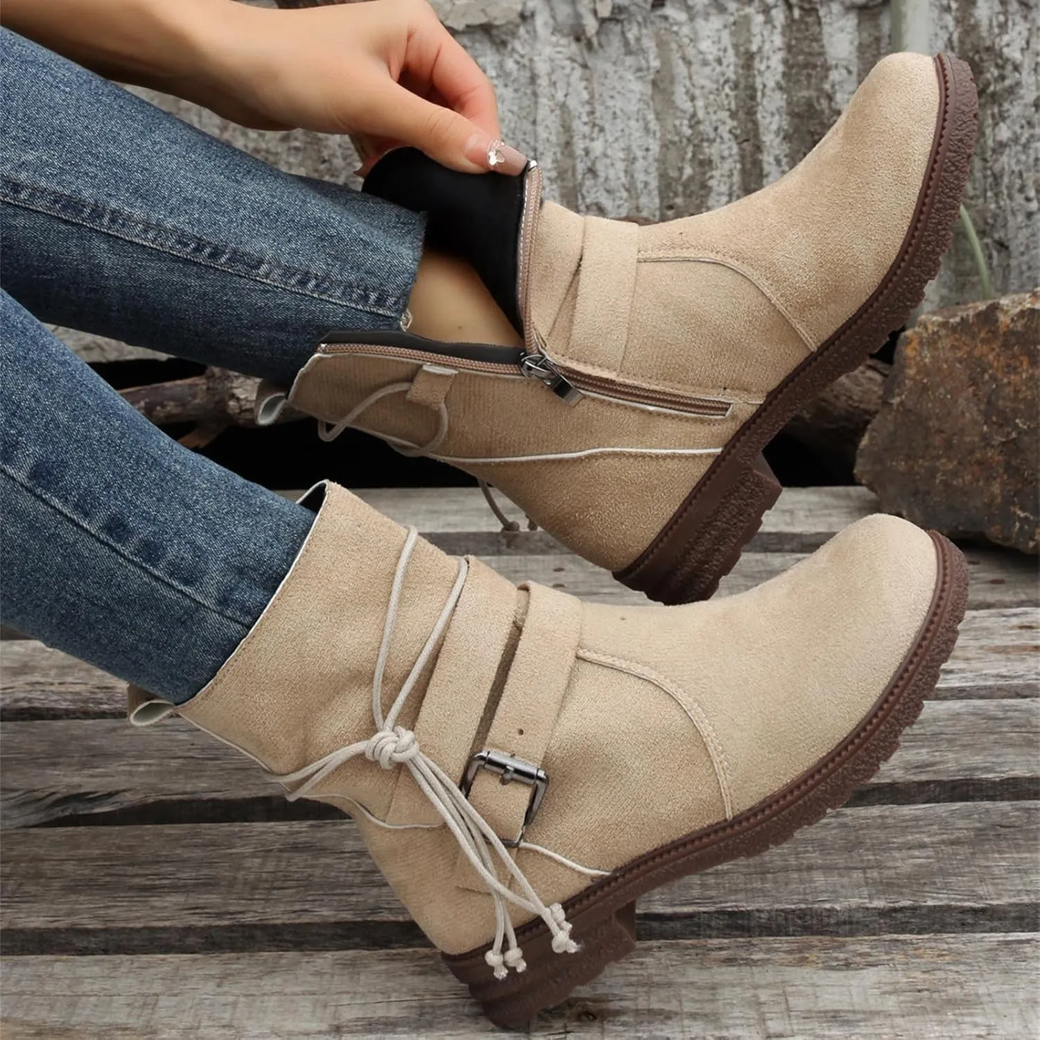 Ladmiple Boots For Women Low Heel Mid Calf Combat Riding Fashion Winter Boots Side Zipper Motorcycle Military Biker Boots