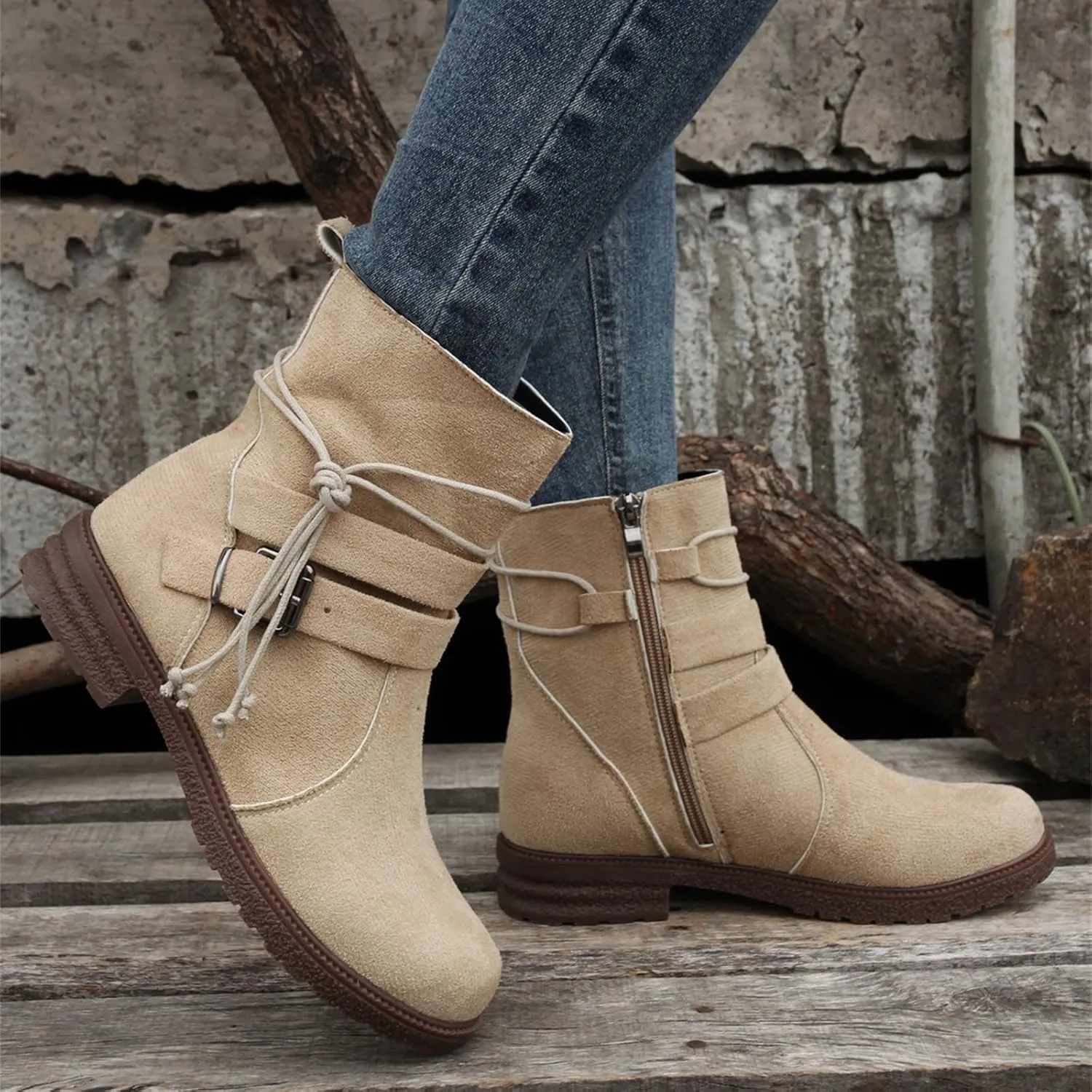 Ladmiple Boots For Women Low Heel Mid Calf Combat Riding Fashion Winter Boots Side Zipper Motorcycle Military Biker Boots
