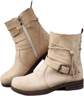 Ladmiple Boots For Women Low Heel Mid Calf Combat Riding Fashion Winter Boots Side Zipper Motorcycle Military Biker Boots