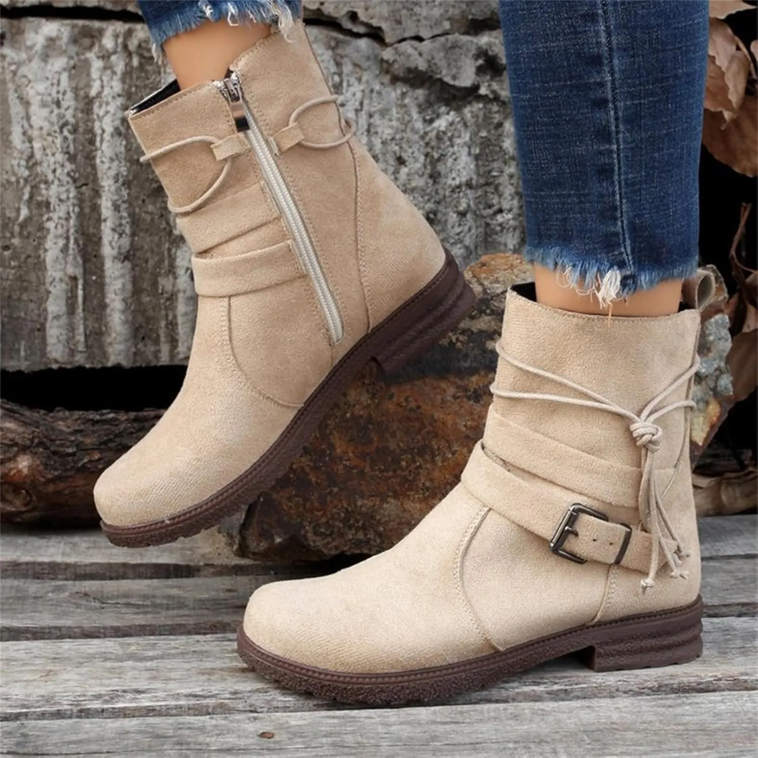 Ladmiple Boots For Women Low Heel Mid Calf Combat Riding Fashion Winter Boots Side Zipper Motorcycle Military Biker Boots