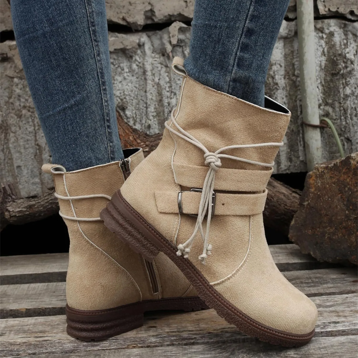 Ladmiple Boots For Women Low Heel Mid Calf Combat Riding Fashion Winter Boots Side Zipper Motorcycle Military Biker Boots