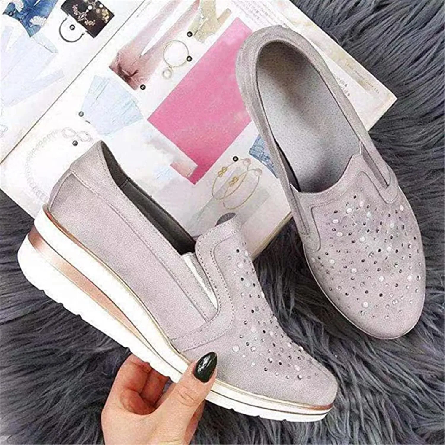 Ladmiple Shoes For Women Sneakers Trendy Fashion Slip on Walking Shoes Casual Summer Lace Low Platform Flats Loafers
